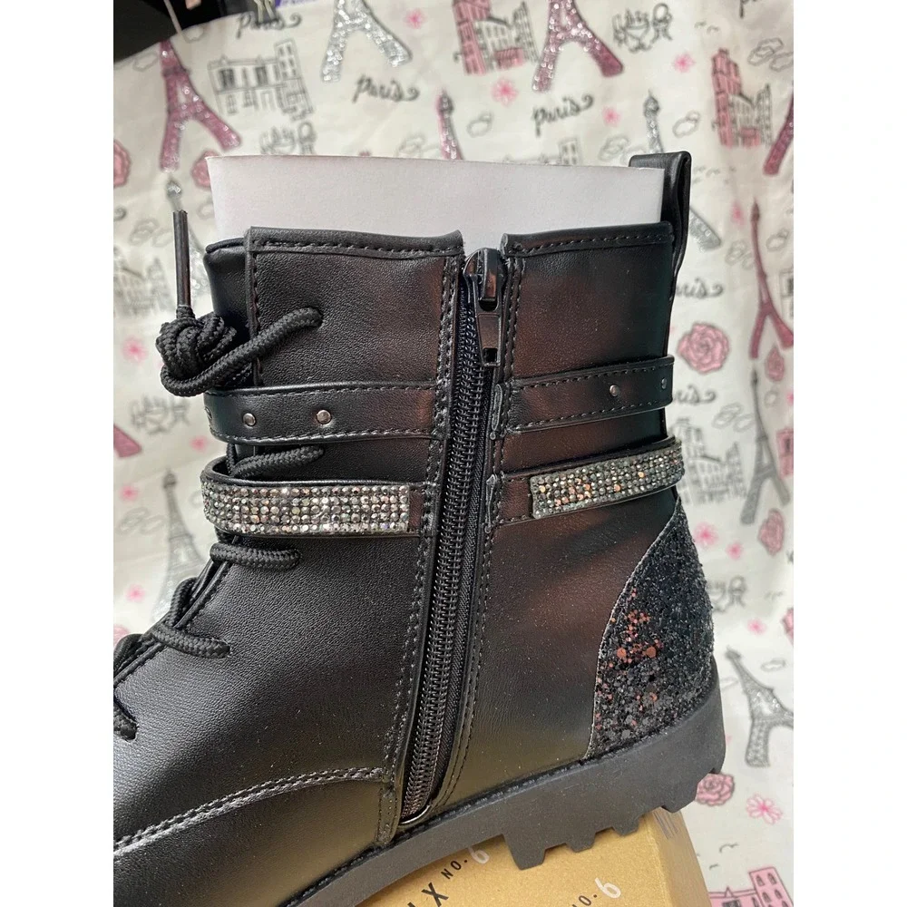 Mix No. 6 Carly Kids Black Glitter Rhinestone Buckle Combat Boots Size 6M New